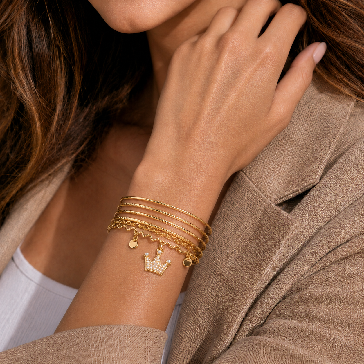 Golden Crown Charm Bangle Set