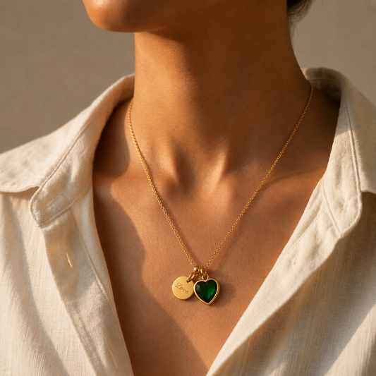 Gold Green Gem Charm Necklace