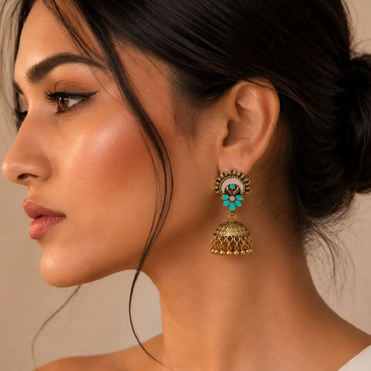 Gold Plated Aqua Bloom Jhumka Earrings