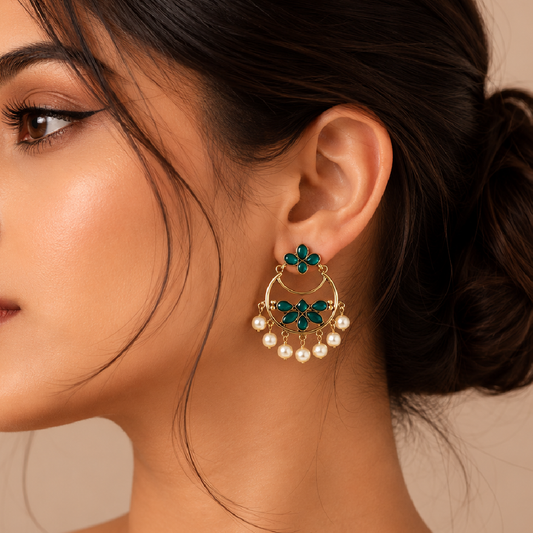 Gold Plated Emerald Pearl Chandbali Earrings