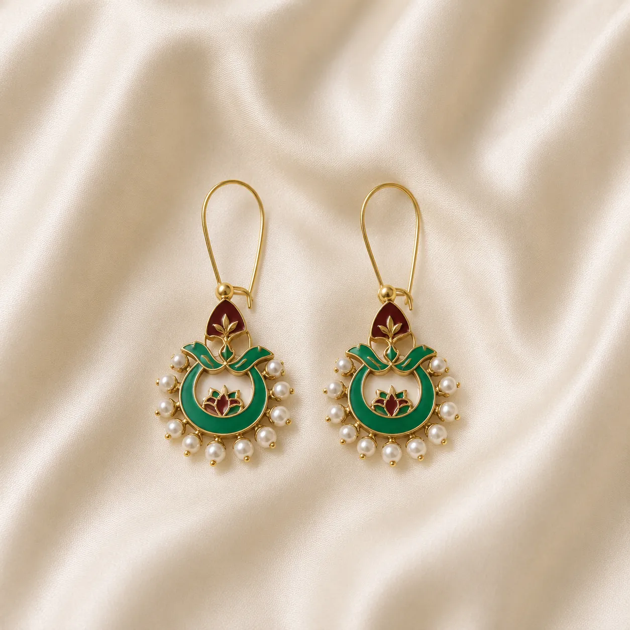 Gold Plated Emerald Lotus Pearl Drop Earrings