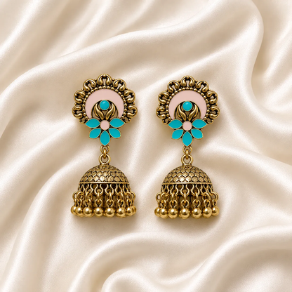 Gold Plated Aqua Bloom Jhumka Earrings
