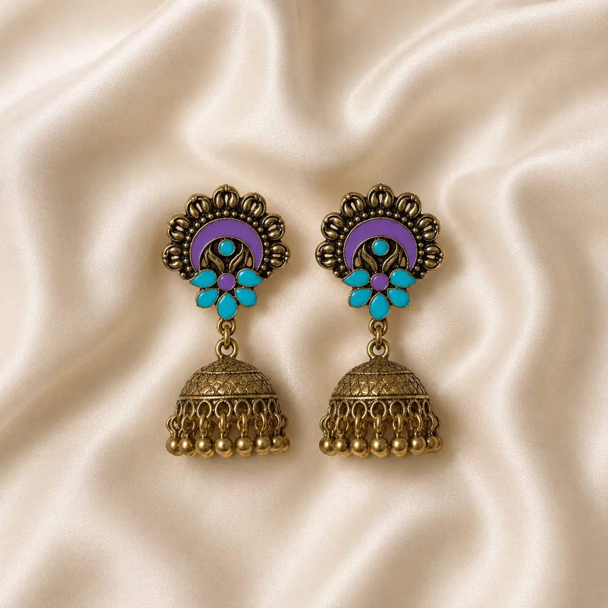 Gold Plated Lavender Bloom Jhumka Earrings