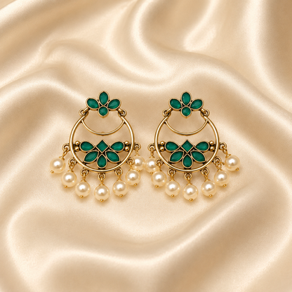 Gold Plated Emerald Pearl Chandbali Earrings