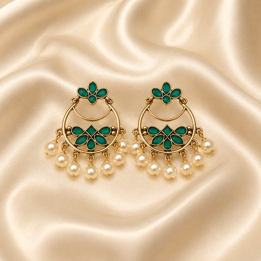 Gold Plated Emerald Pearl Chandbali Earrings