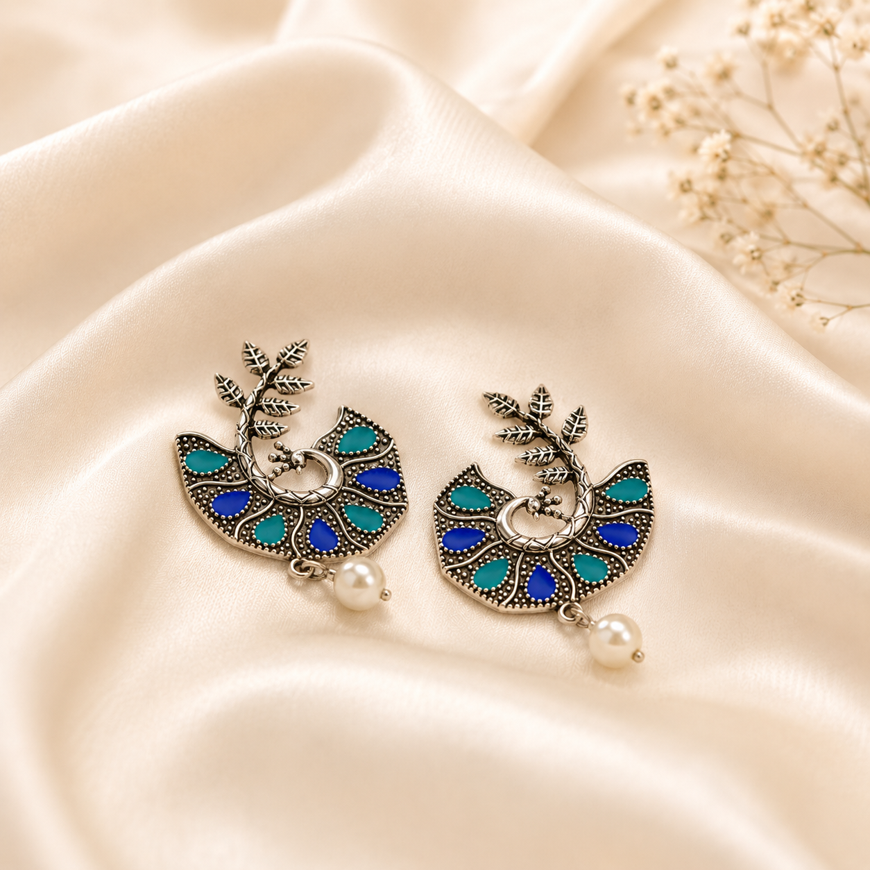 A pair of bohemian-style dangle earrings with blue and teal enamel details, silver-toned metalwork, and a dangling pearl, displayed on a cream satin fabric background.