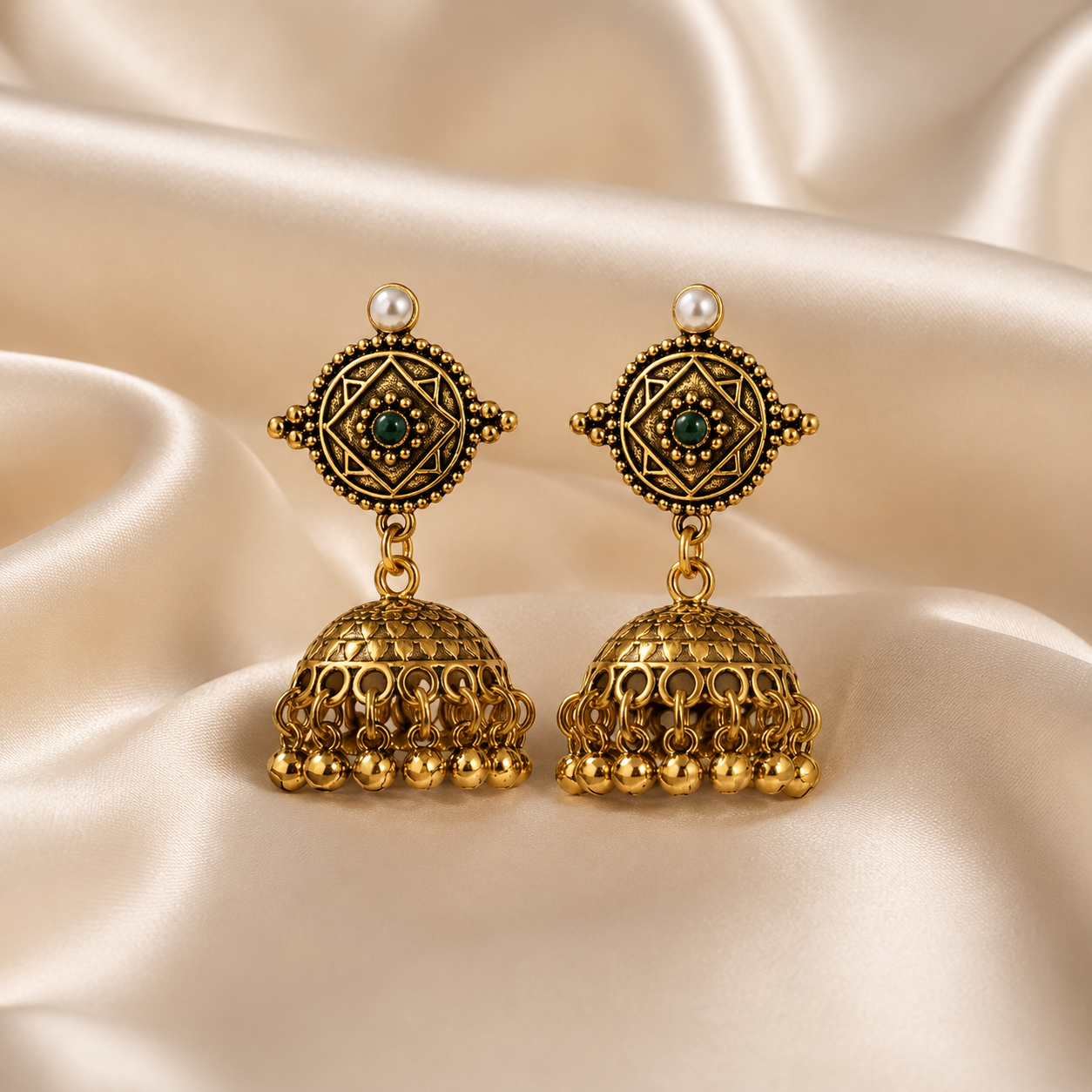 A pair of ornate gold-toned Indian jhumka earrings with green stone accents, pearl studs, and dangling bell-shaped charms, displayed on a draped cream satin fabric background.