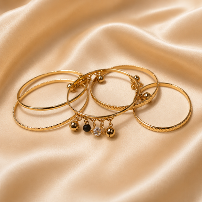 Golden Bead & Charm Bangle Set