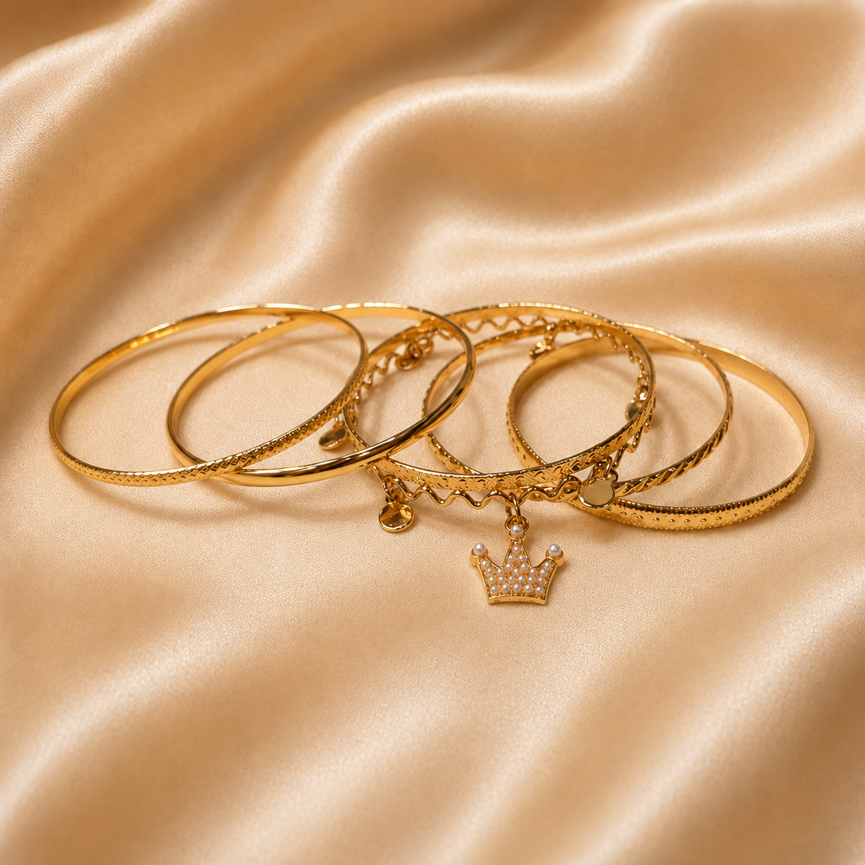 Golden Crown Charm Bangle Set