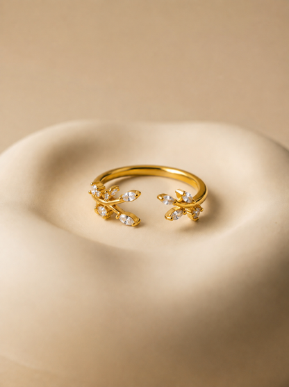 Gold Plated Crystal Leaf Sprig Ring