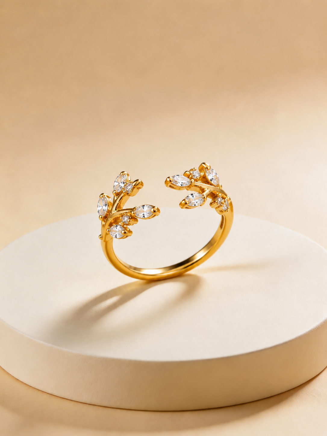 Gold Plated Crystal Leaf Sprig Ring