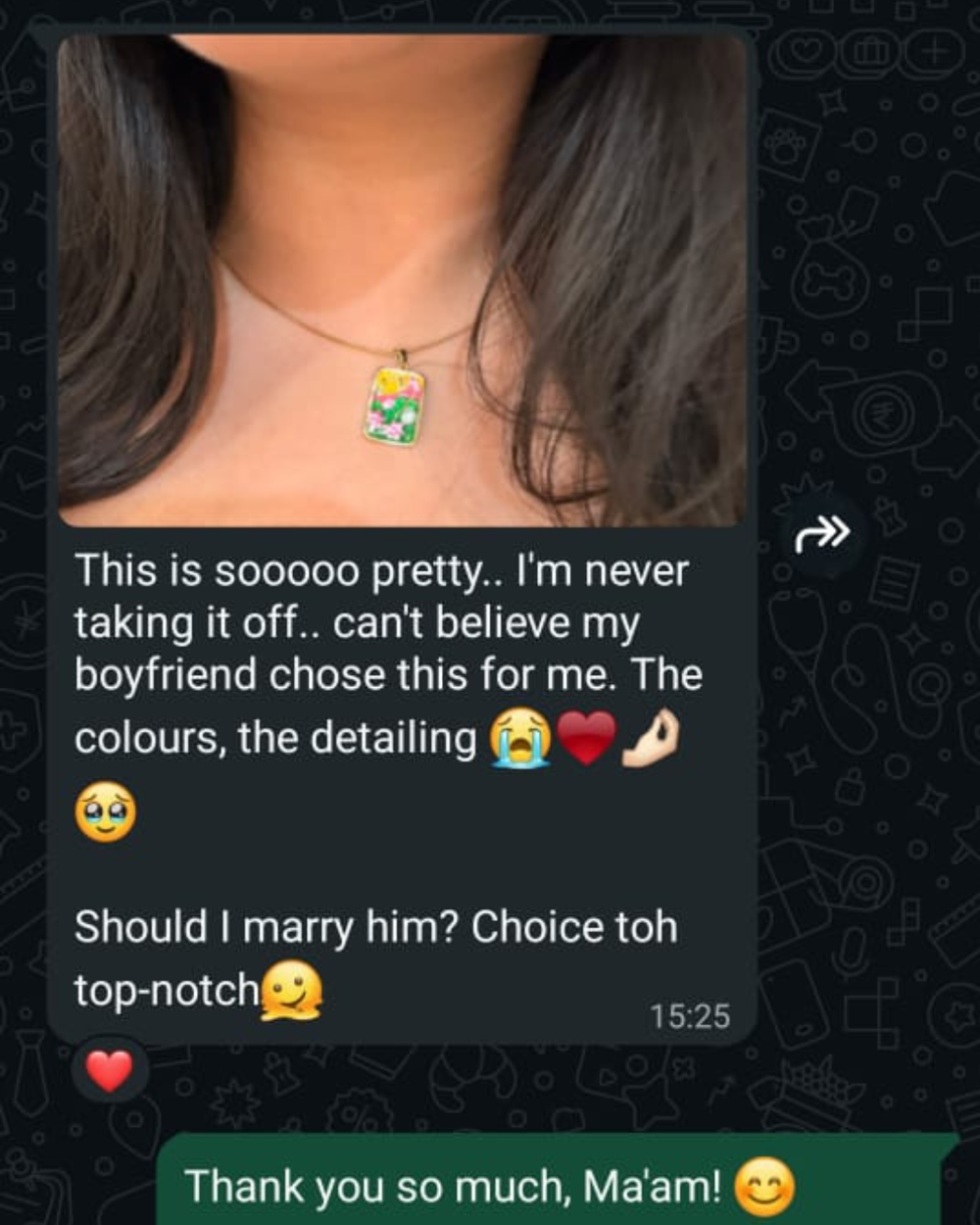 A close-up of a woman wearing a small rectangular pendant necklace with a colorful floral design. The photo is embedded within a messaging conversation, with text praising the necklace and asking about marrying the boyfriend.