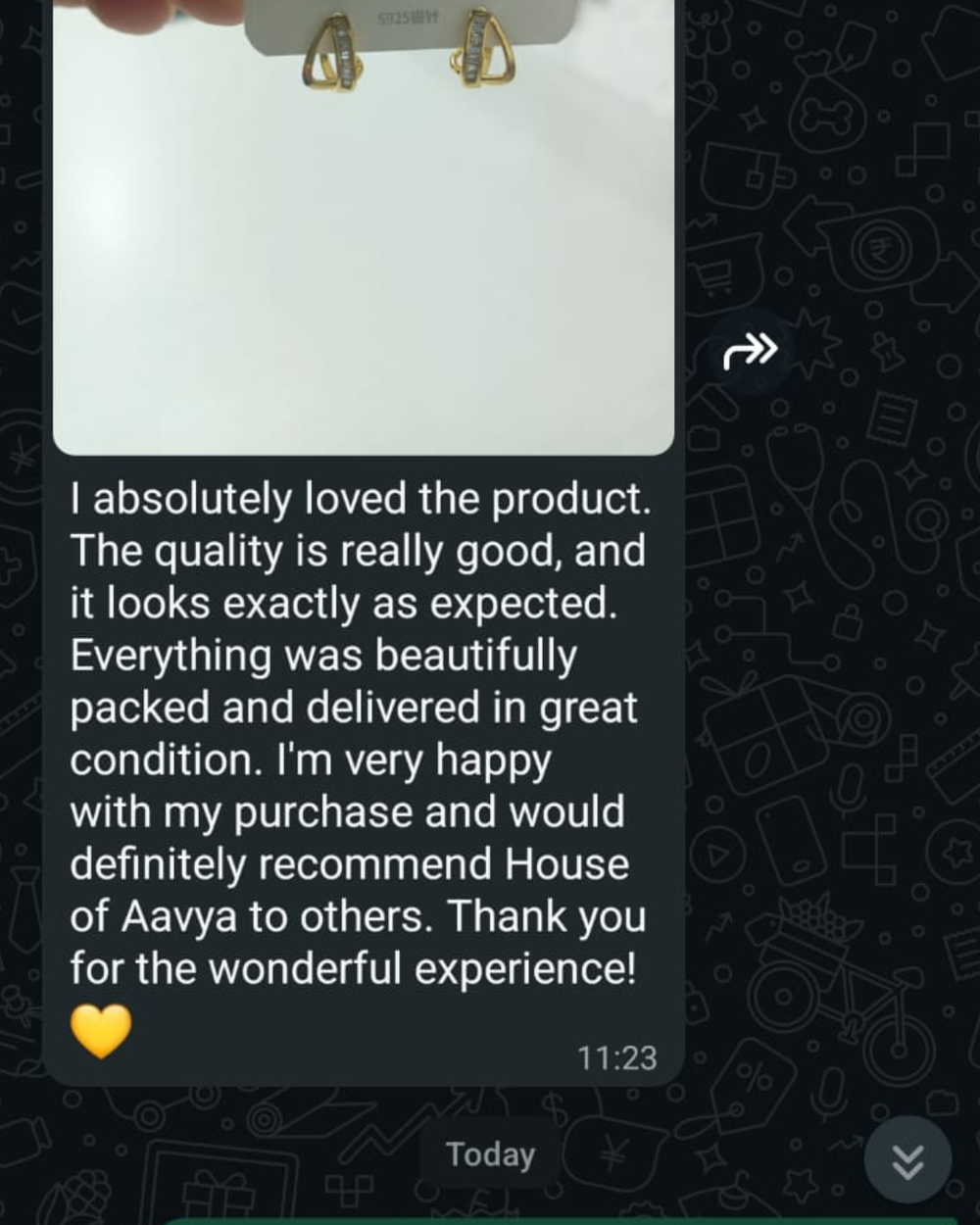 A customer review screenshot showing a product photo at the top and a long positive review text below on a dark themed messaging interface. The product photo shows a white rectangular item with small gold-toned details.