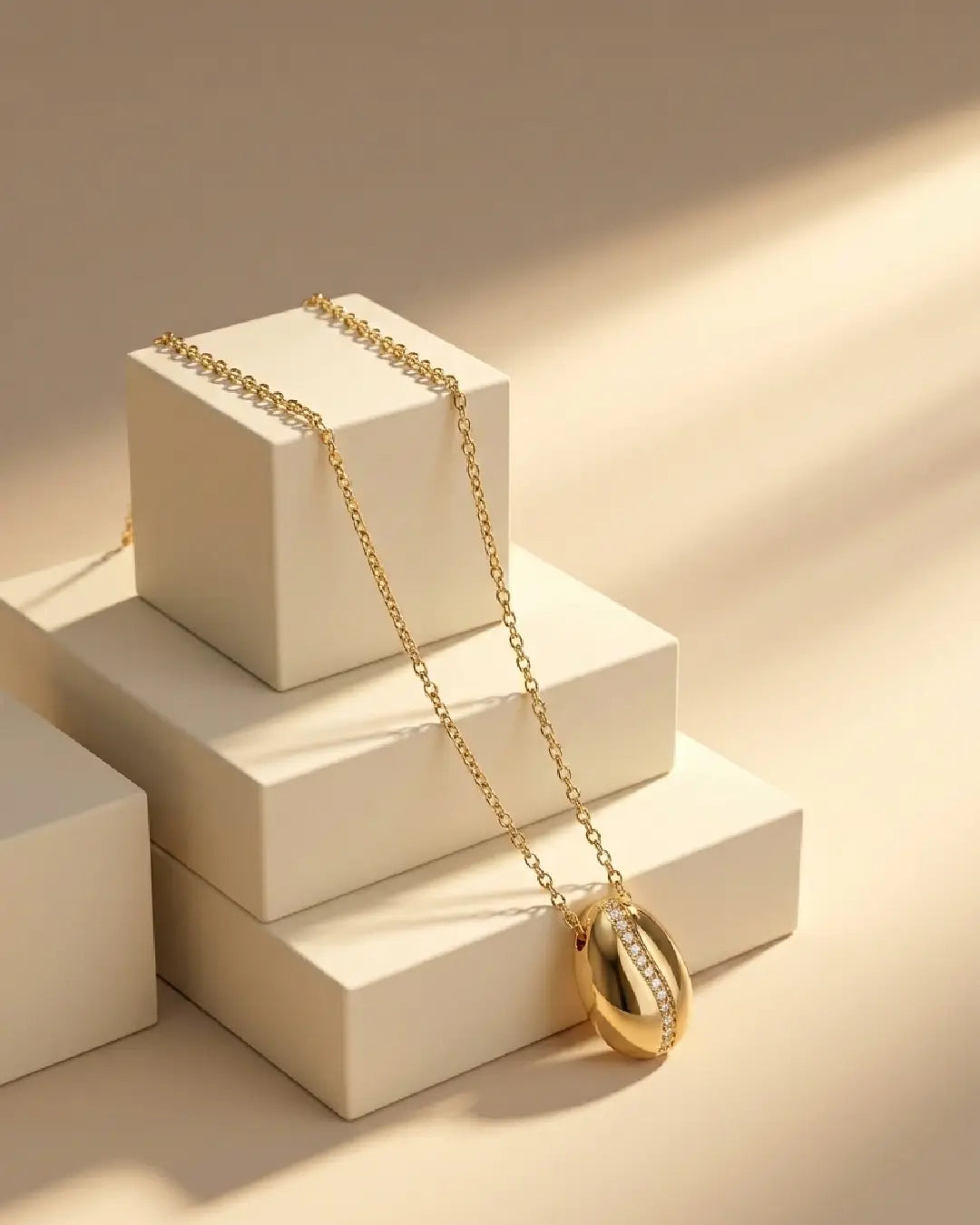Gold tonned finish anti tarnish necklace with a pendant on a beige surface