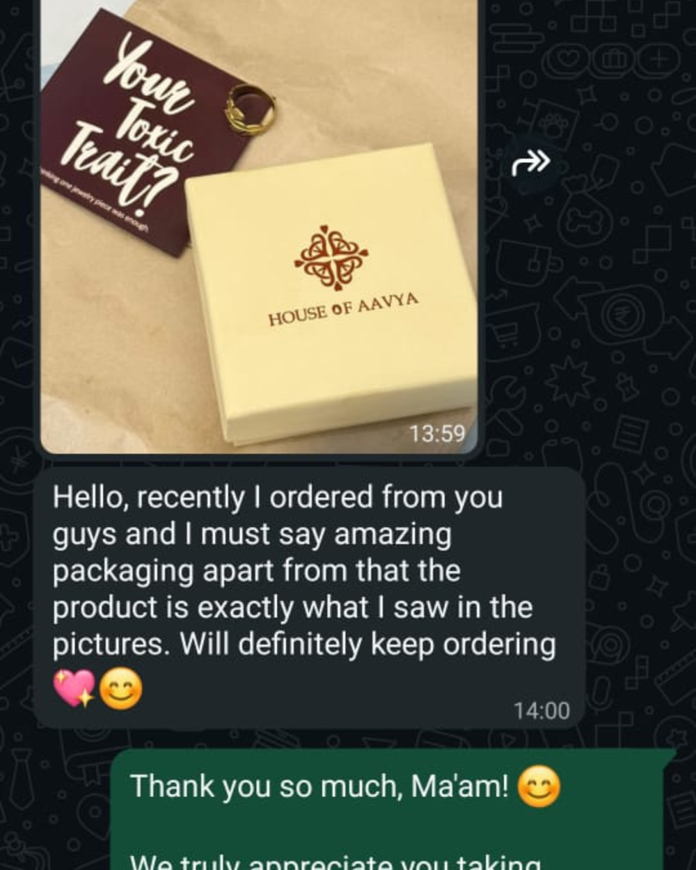 A WhatsApp-style message showing a cream-colored jewelry box with the House of Aavya logo and a dark brown card that reads 'Your Toxic Trait!' on a beige surface. The message includes a customer's positive review and a thank-you reply.