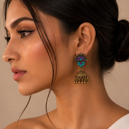Gold Plated Lavender Bloom Jhumka Earrings