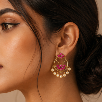 Gold Plated Ruby Pearl Chandbali Earrings