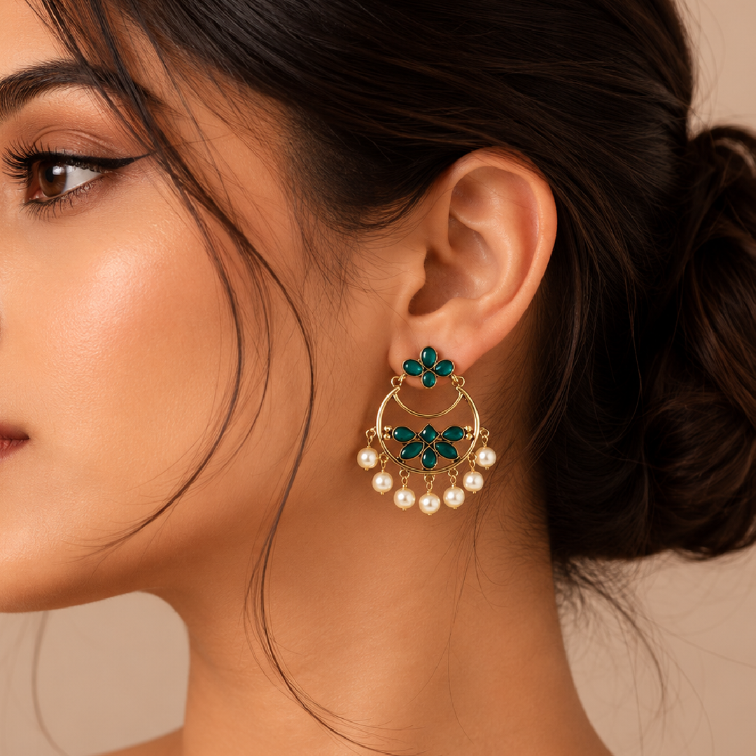 Gold Plated Emerald Pearl Chandbali Earrings