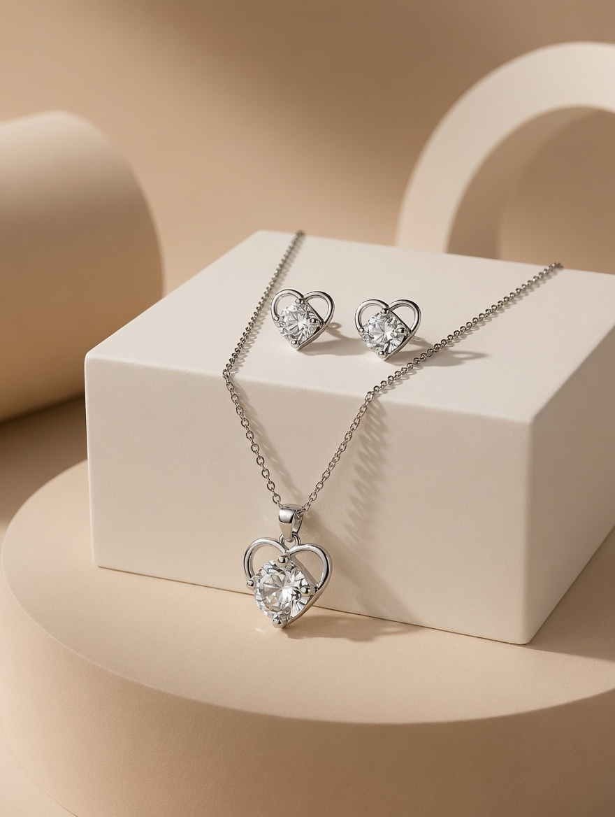 Silver tonned heart-shaped pendant necklace and matching stud earrings with clear heart-shaped gemstones, displayed on a white geometric pedestal against a warm beige background.