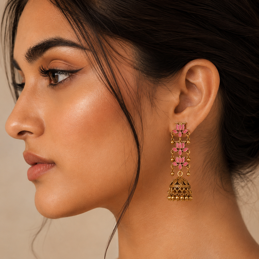 Gold Plated Pink Lotus Jhumka Earrings