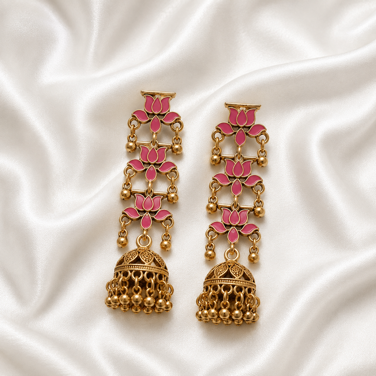 Gold Plated Pink Lotus Jhumka Earrings