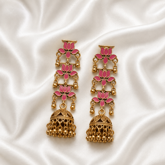 Gold Plated Pink Lotus Jhumka Earrings