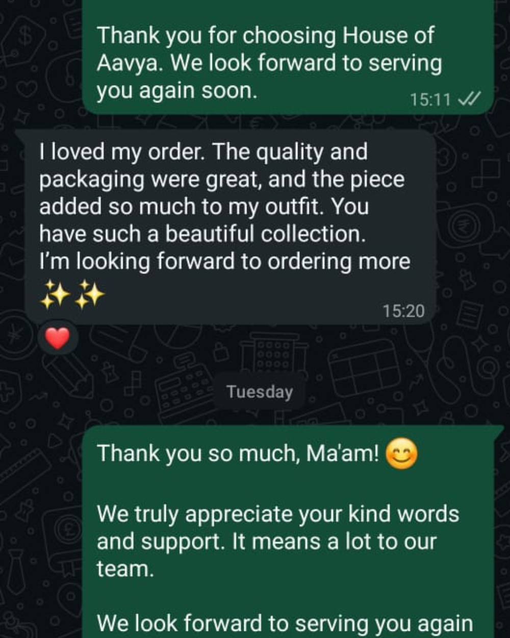 A screenshot of a WhatsApp-style chat with green and dark gray message bubbles on a dark patterned background. The text appears to be a customer review or feedback message thanking the store, with no physical product shown.