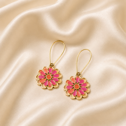 Gold Plated Pink Floral Drop Earrings