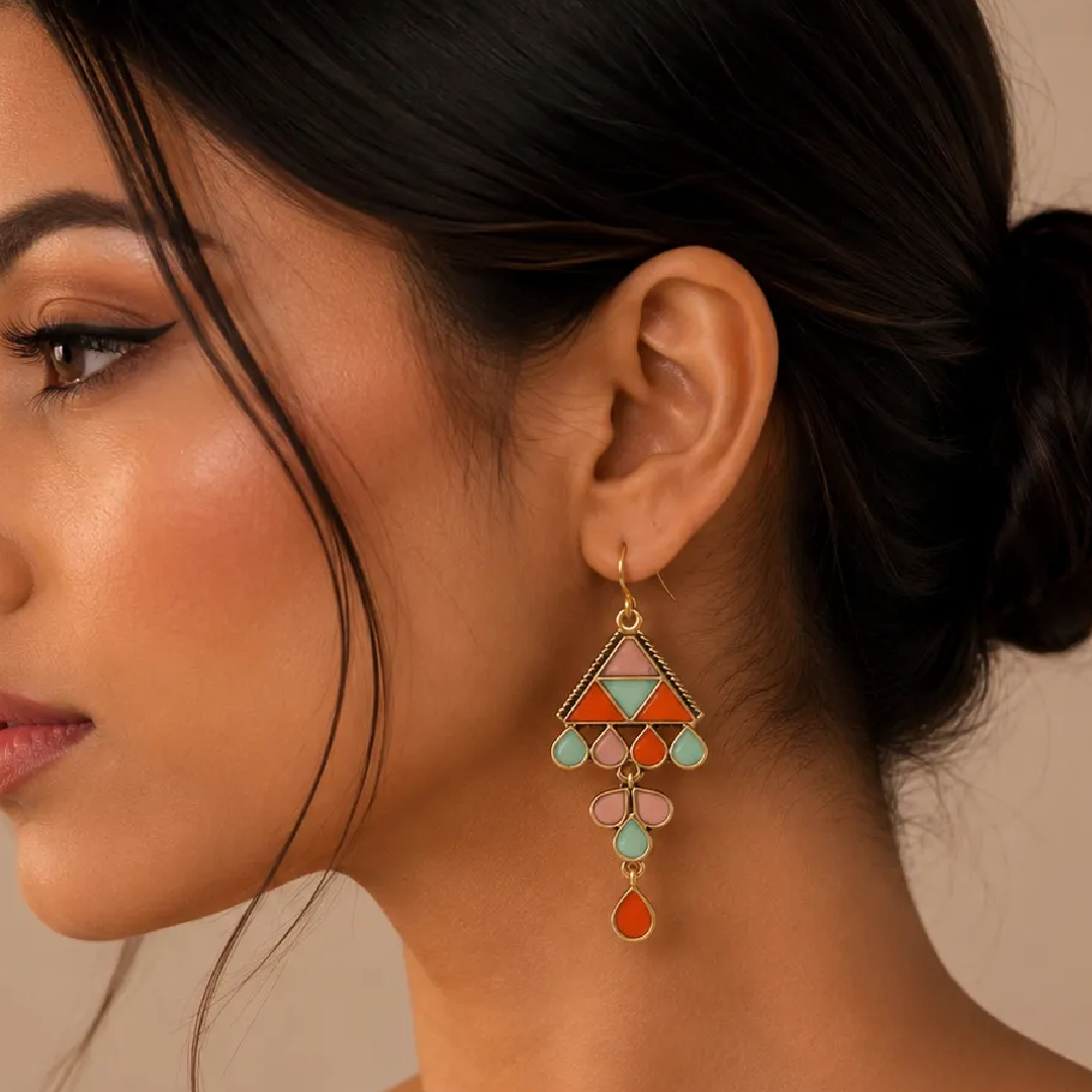 A close-up side profile of a woman wearing a dangling geometric statement earring. The earring features gold-tone metal and multiple colored stones in orange, pink, mint green, and light blue, set against a warm beige background.