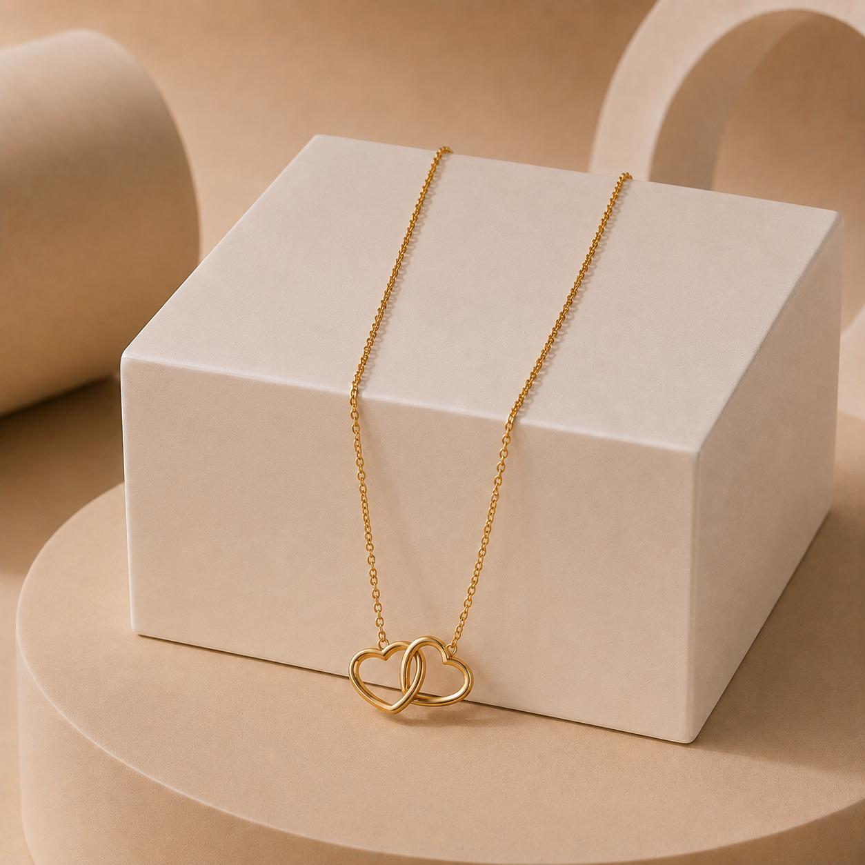 A gold plated necklace with two interlocking open heart pendants draped over a white rectangular display block, set against a warm beige studio background with soft geometric props.