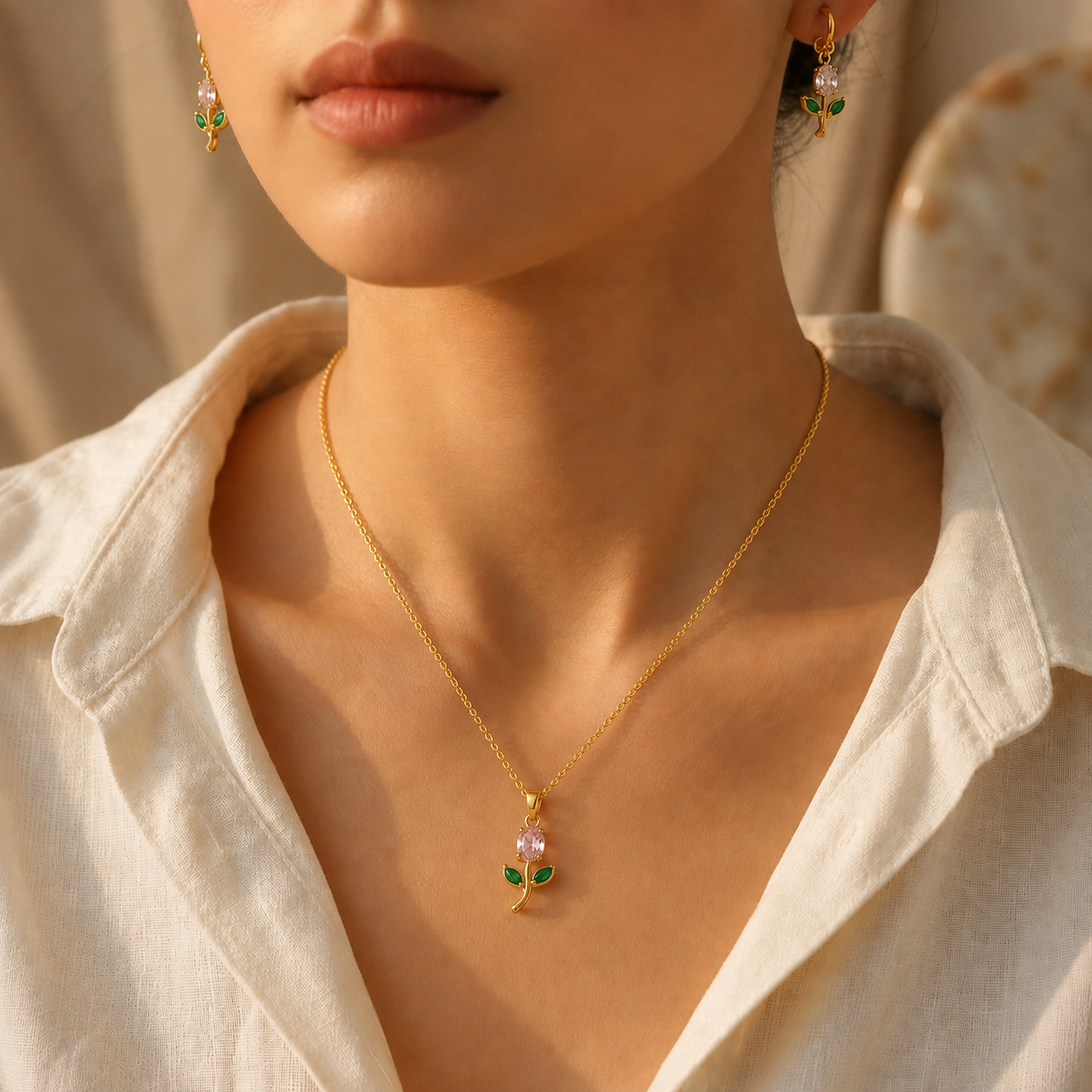 A close-up lifestyle shot of a model wearing a delicate gold toned necklace with a small pendant featuring a pink flower and green leaves, styled with matching gold and pink earrings.