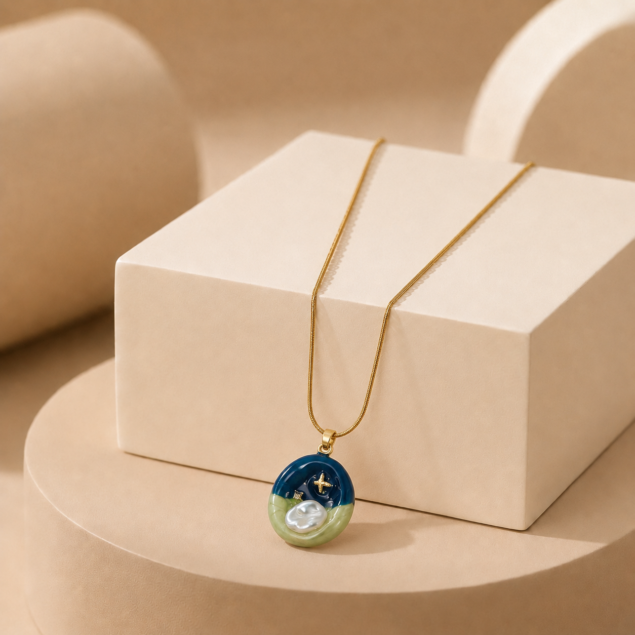 A gold tonned chain necklace with a round pendant featuring a painted night sky scene, displayed on a beige geometric pedestal.