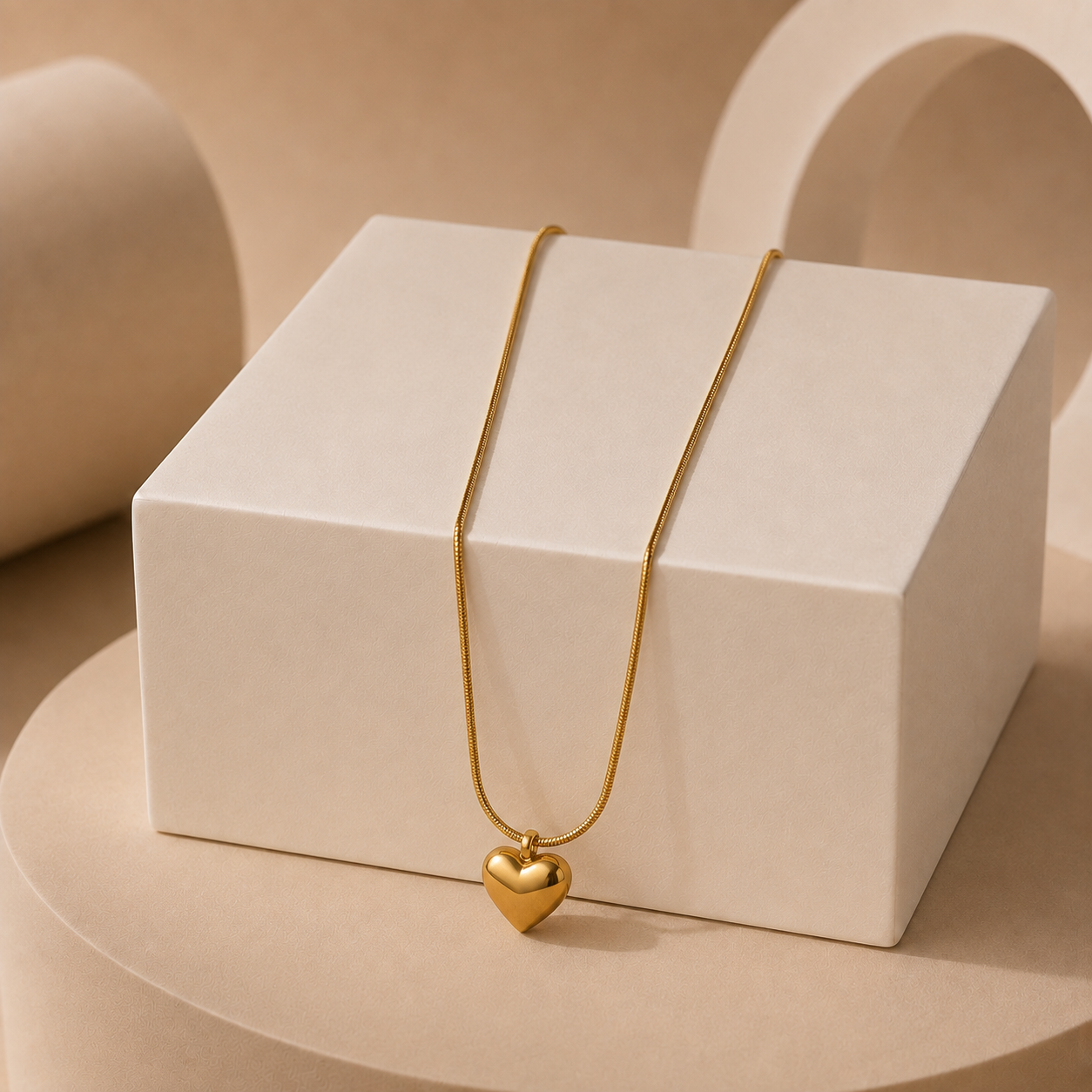 A gold tonned heart pendant necklace draped over a white rectangular display block, set against a warm beige studio background with soft geometric props.