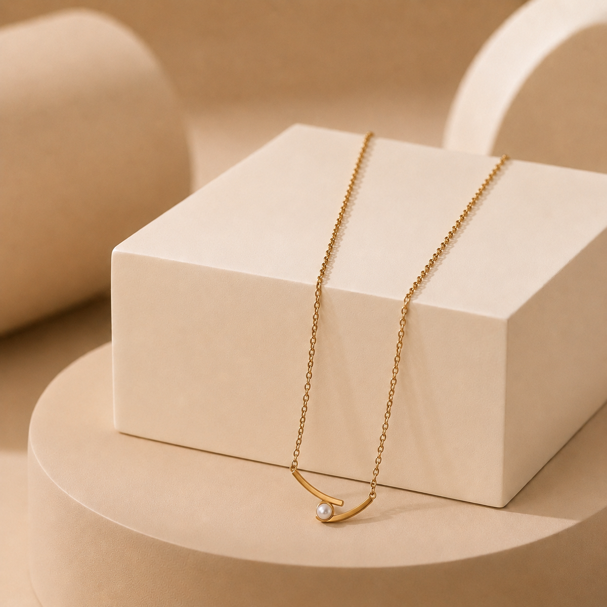A delicate gold tonned necklace with a curved pendant and a small white pearl, draped over a cream-colored display block.