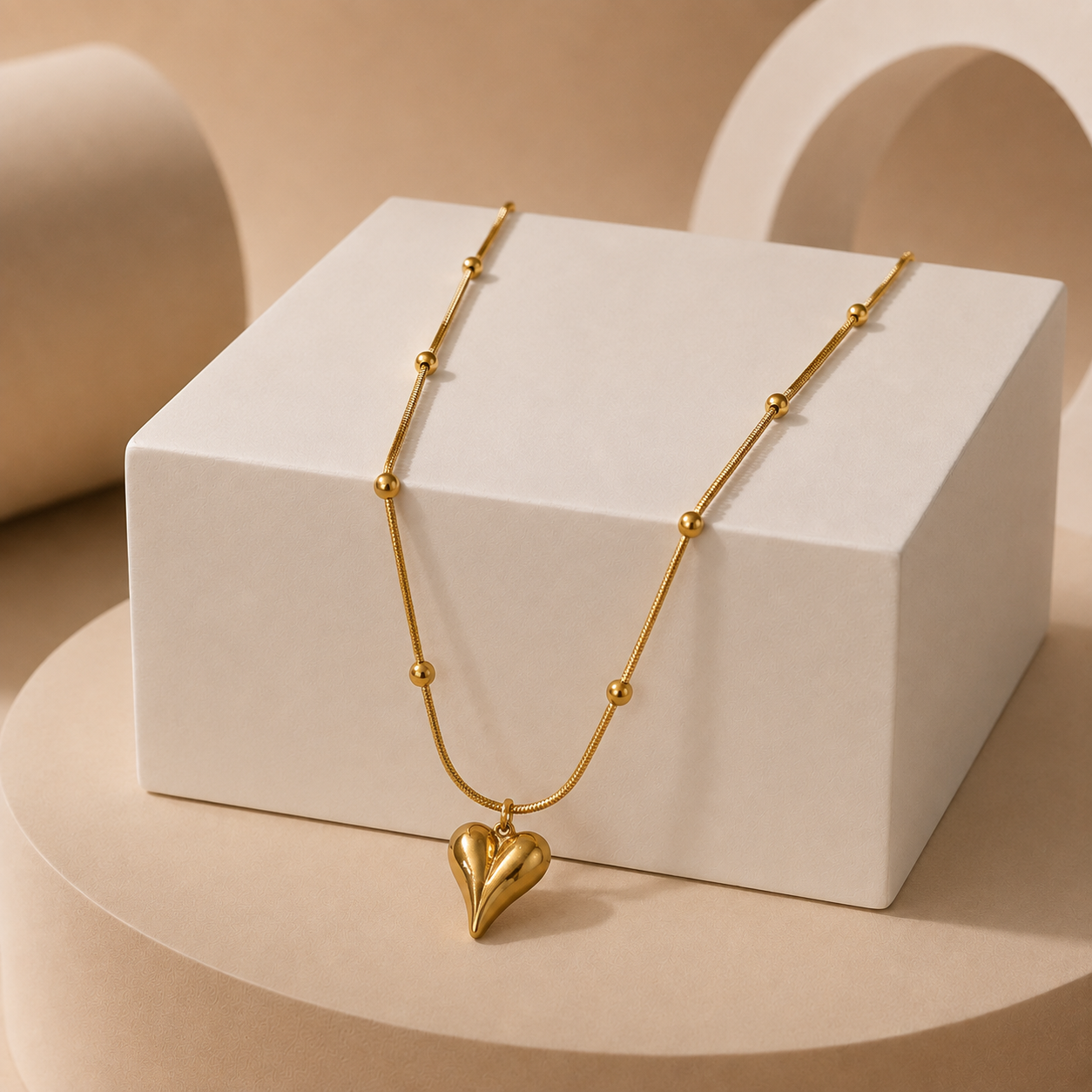 A gold tonned necklace with a textured heart pendant and small bead accents on the chain, displayed draped over a white rectangular pedestal in a warm beige studio setting.