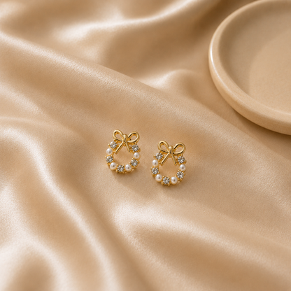 Golden Bow Pearl Earrings