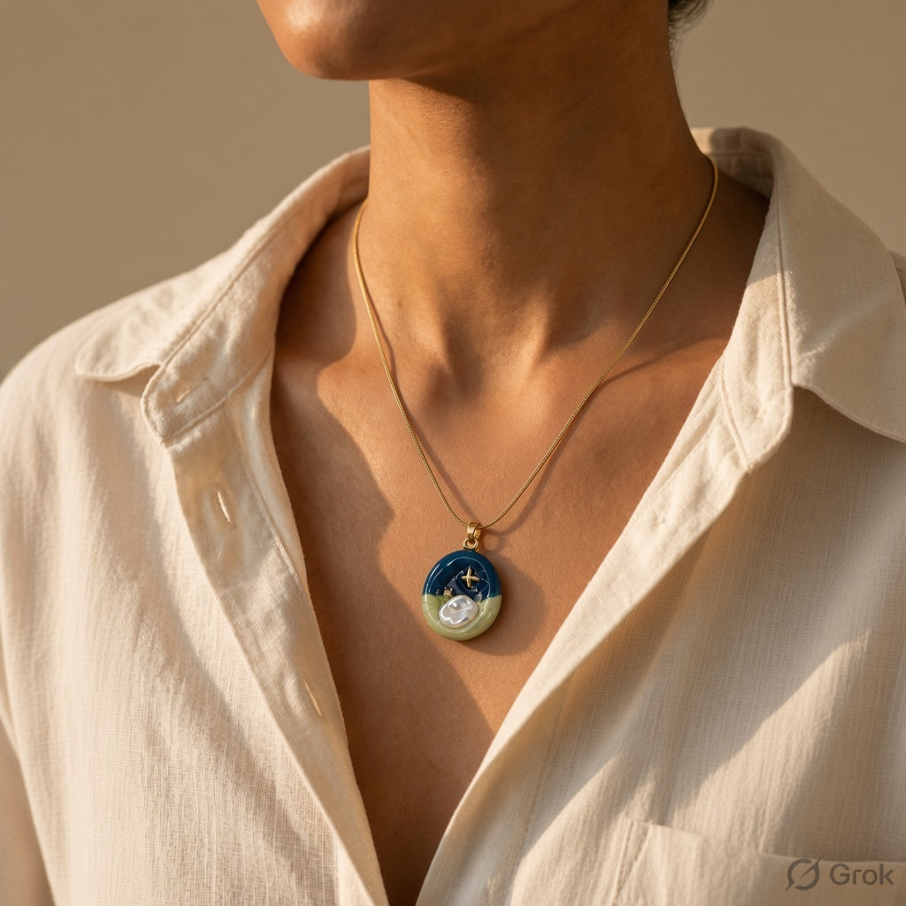A close-up lifestyle shot of a person wearing a gold chain necklace with a circular pendant. The pendant features a scenic landscape design with a blue sky, yellow stars, and a green hill with a white moon, shown against the model's neck and a cream-colored shirt.