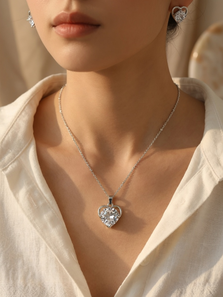 A close-up lifestyle shot of a model wearing a silver tonned heart-shaped pendant necklace and matching heart stud earrings, styled with a cream-colored linen shirt.