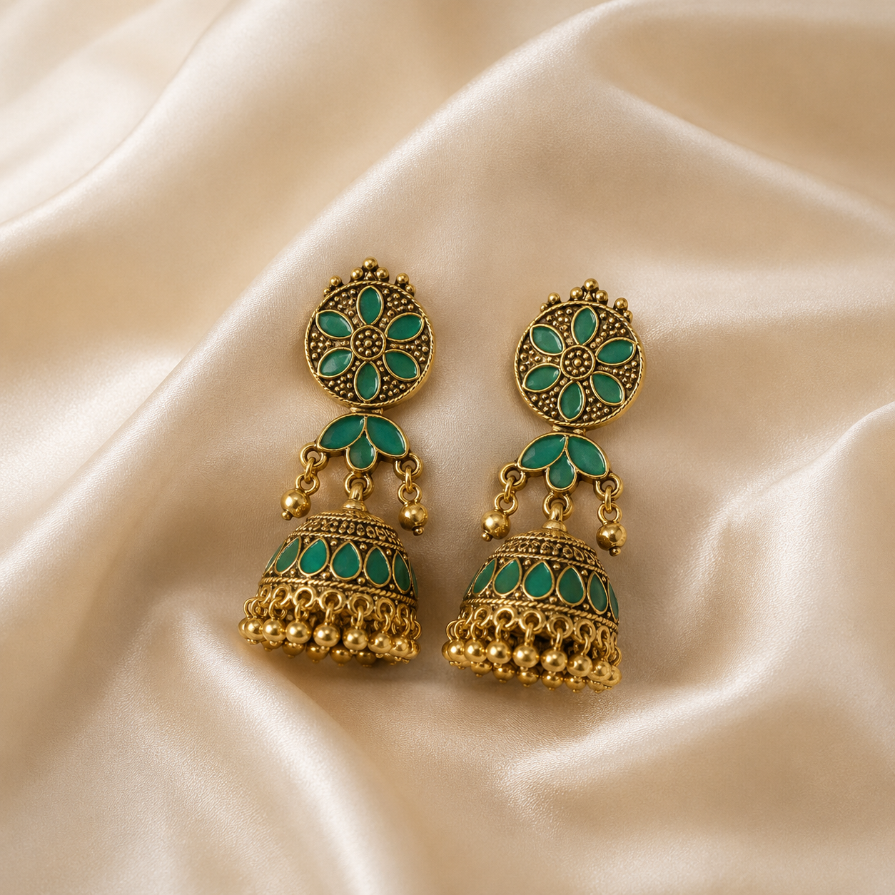 A pair of traditional Indian gold-plated jhumka earrings with green enamel detailing, displayed on a draped cream satin fabric background.
