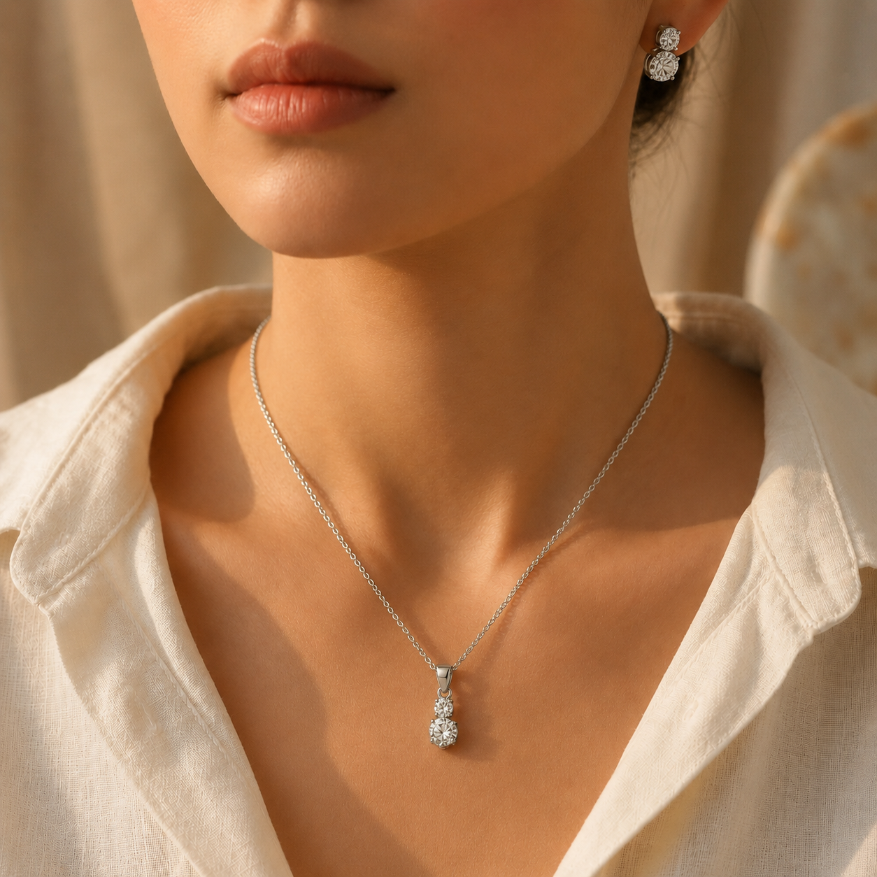 A close-up lifestyle shot of a model wearing a delicate silver chain necklace with a pear-cut diamond pendant and a matching diamond stud earring, styled with a white linen shirt.