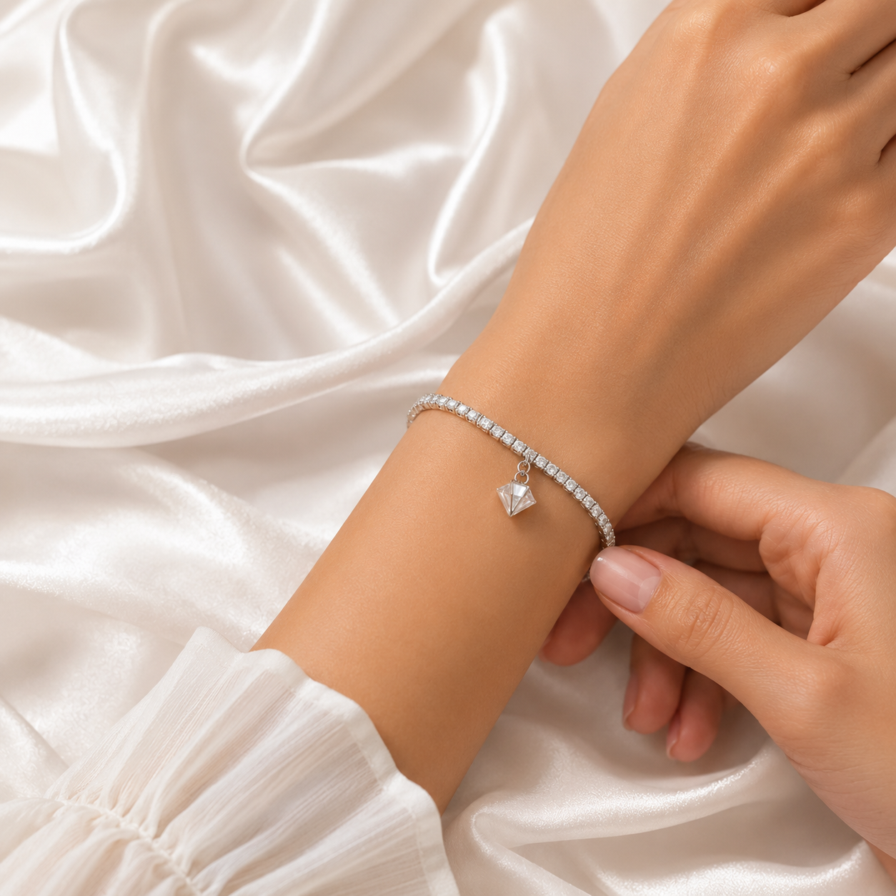 A delicate silver tennis bracelet with a small diamond-shaped charm, shown worn on a woman's wrist against a background of draped white satin fabric.
