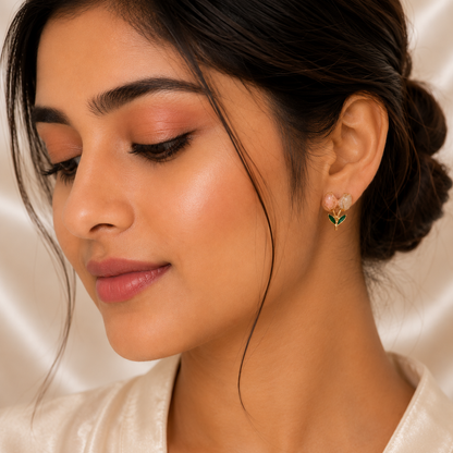 A close-up of a woman wearing a small floral stud earring with pink and peach petals and green leaves, set against a soft cream satin background.