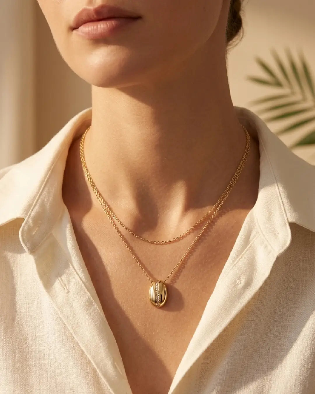 Close-up of a women wearing a gold tonned finish necklace with a beige background